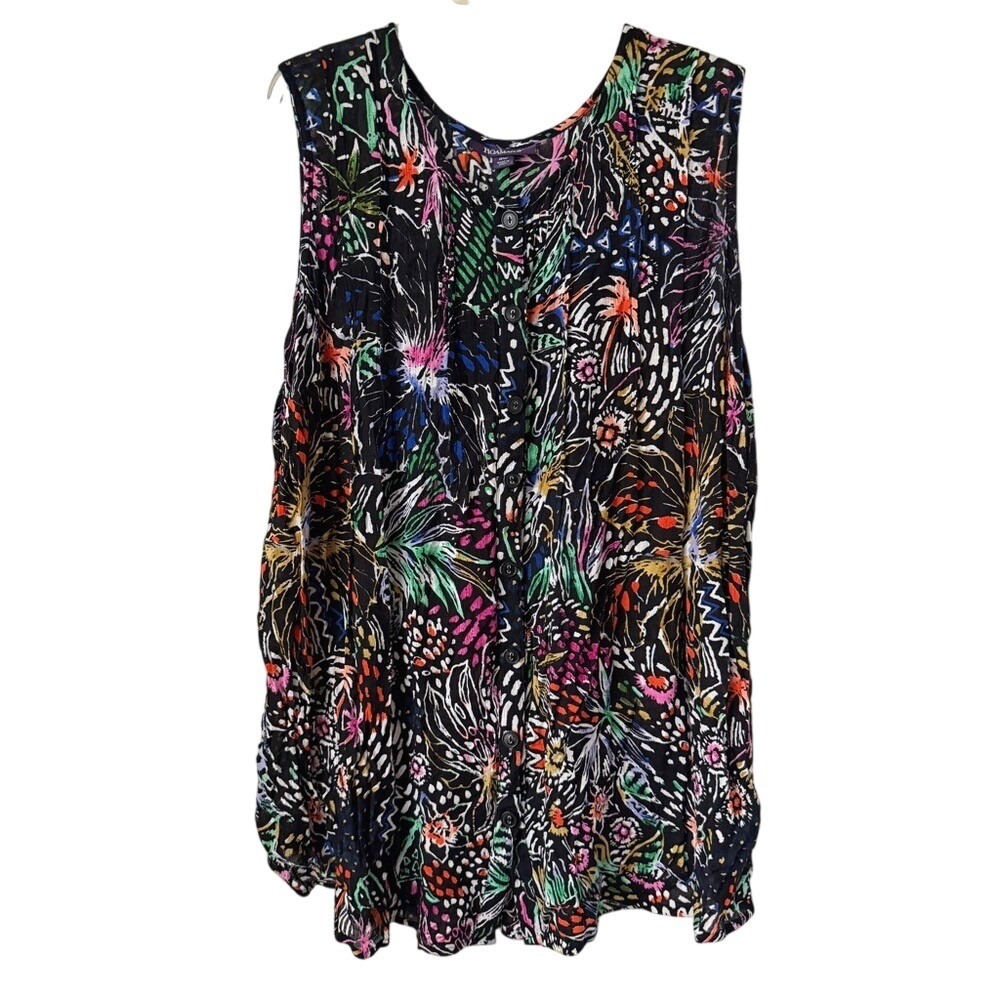 3/$20💥Roman's Button‎ Front Sleeveless Blouse Crinkle Gauze Abstract Floral Boho